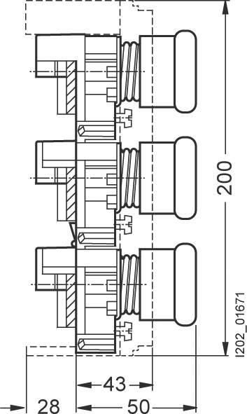 Technical drawing of triple push button module with dimensions: width 28 mm, depth 50 mm, height 200 mm. Side view with switching contact.