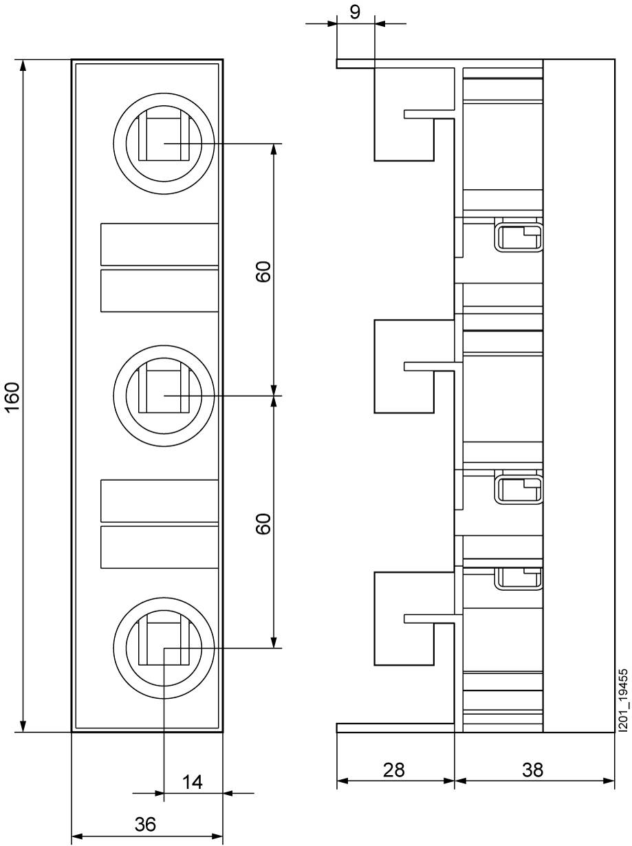 The technical drawing shows two views of a component with four circular openings. Dimensions: 160 x 36 mm, depth 38 mm.