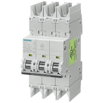 A three-pole circuit breaker with switches and labels displaying technical specifications.