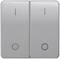 Double light switch in silver finish. Each switch has a round push button and a narrow, vertical marking.