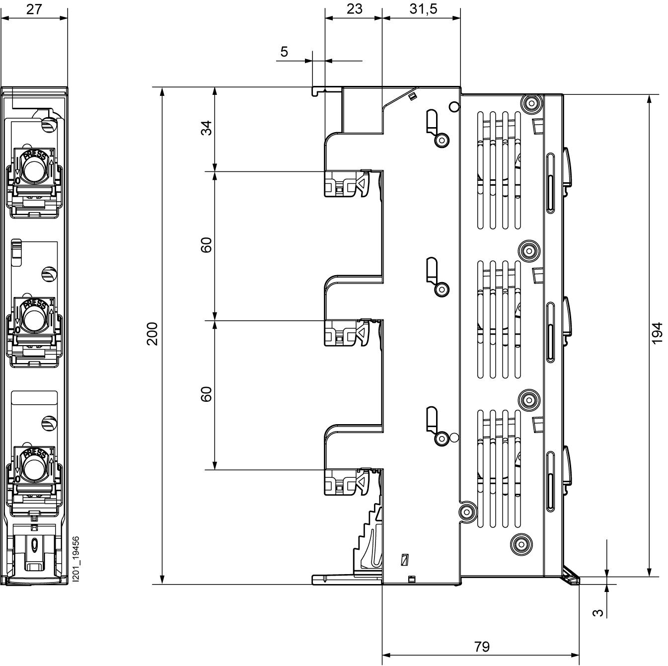 Technical drawing of an electrical component with schematic dimensions. Shows front and side views with detailed measurements.