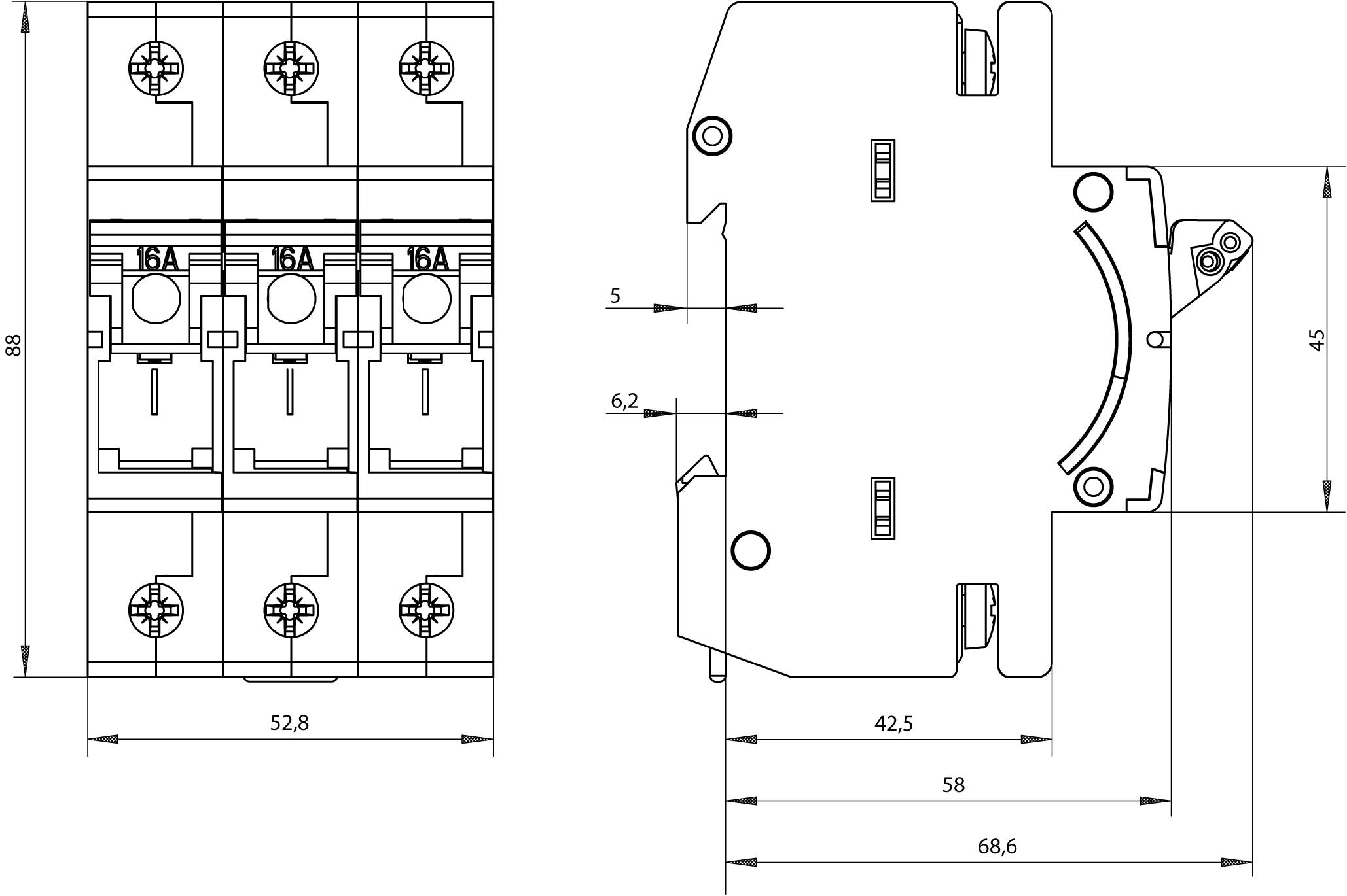 Technical drawing of a four-pole circuit breaker with dimensions: height 88mm, width 52.8mm, depth 68.6mm, switch with 16A rating.