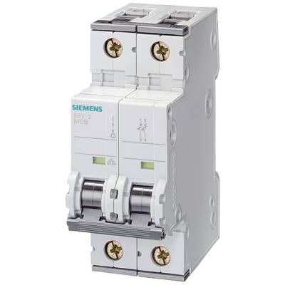 A double circuit breaker from Siemens, model 5SY6, with two toggle switches and multiple connection points, used for electrical protection.