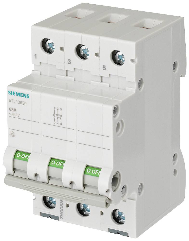 Three-pole circuit breaker by Siemens with green and white switches and printing; used for protecting electrical circuits.