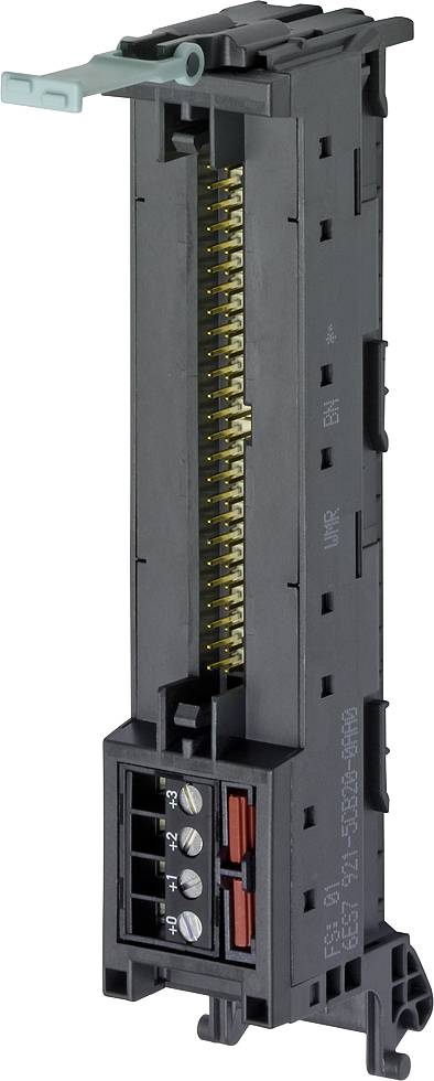 An electrical connector with gold-plated contacts, mounted on a black housing with terminal connections visible on the side.
