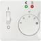 A white thermostat with a rotary dial from 1 to 5. Lights indicate green for active and red for heating. An on/off switch.