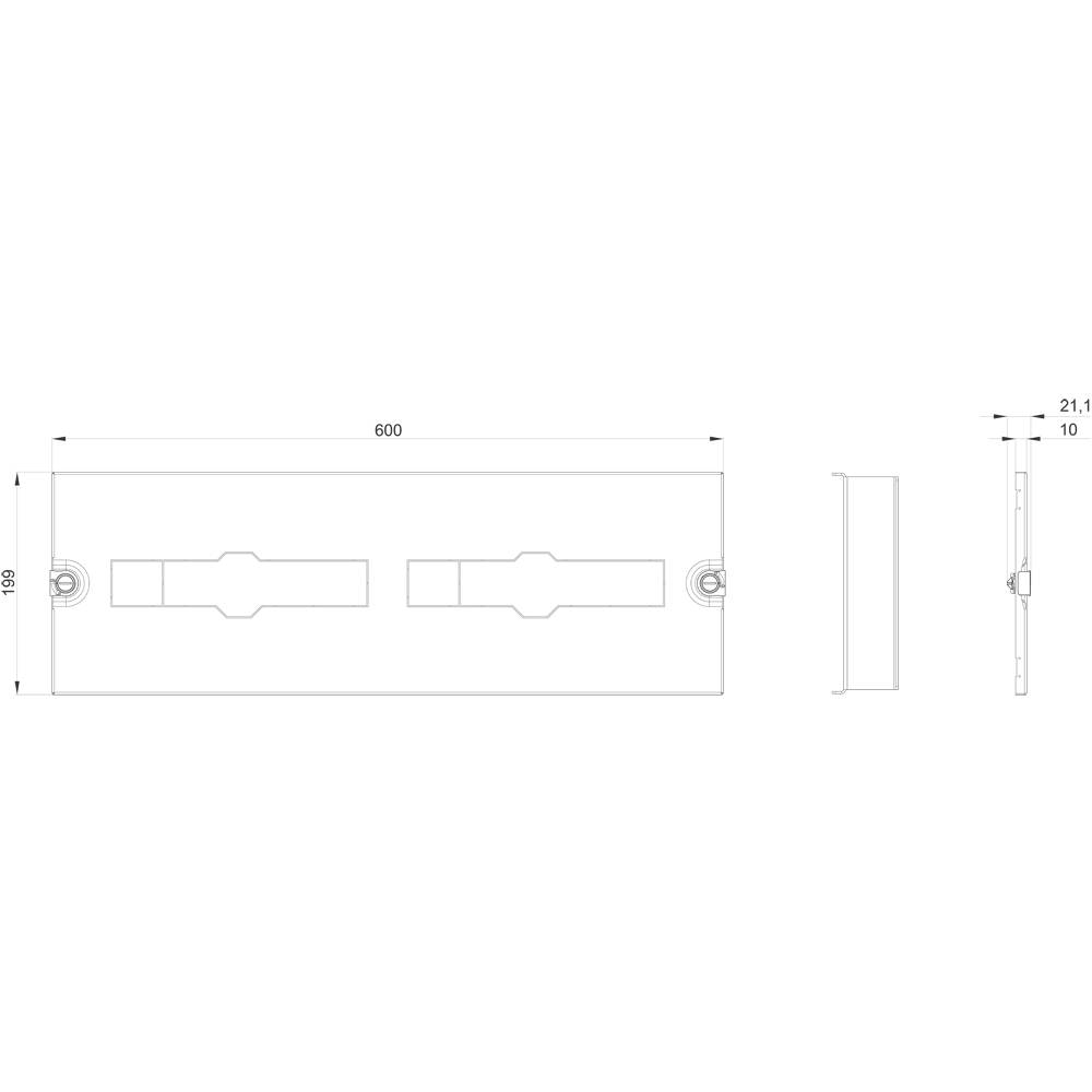 Technical Drawing of a Rectangular Component with Dimensions: 600 mm Length, 180 mm Width, 21.1 mm Depth. Front and Side Views Included.