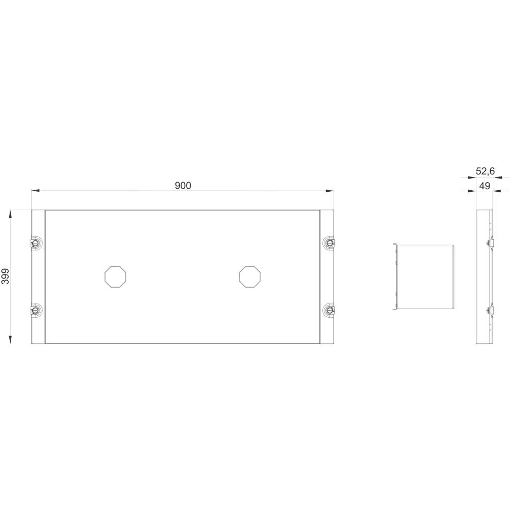 Technical Drawing of a Rectangular Plate with Dimensions: 900 mm Width, 399 mm Height, 52.6 mm Depth. Contains Detailed Dimensions.