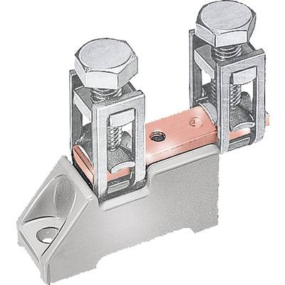 Metal clamp with two screws for electrical connections, side mounting option visible.
