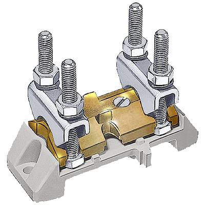 An electrical terminal block with four screws and a metallic connection, mounted on a plastic base.
