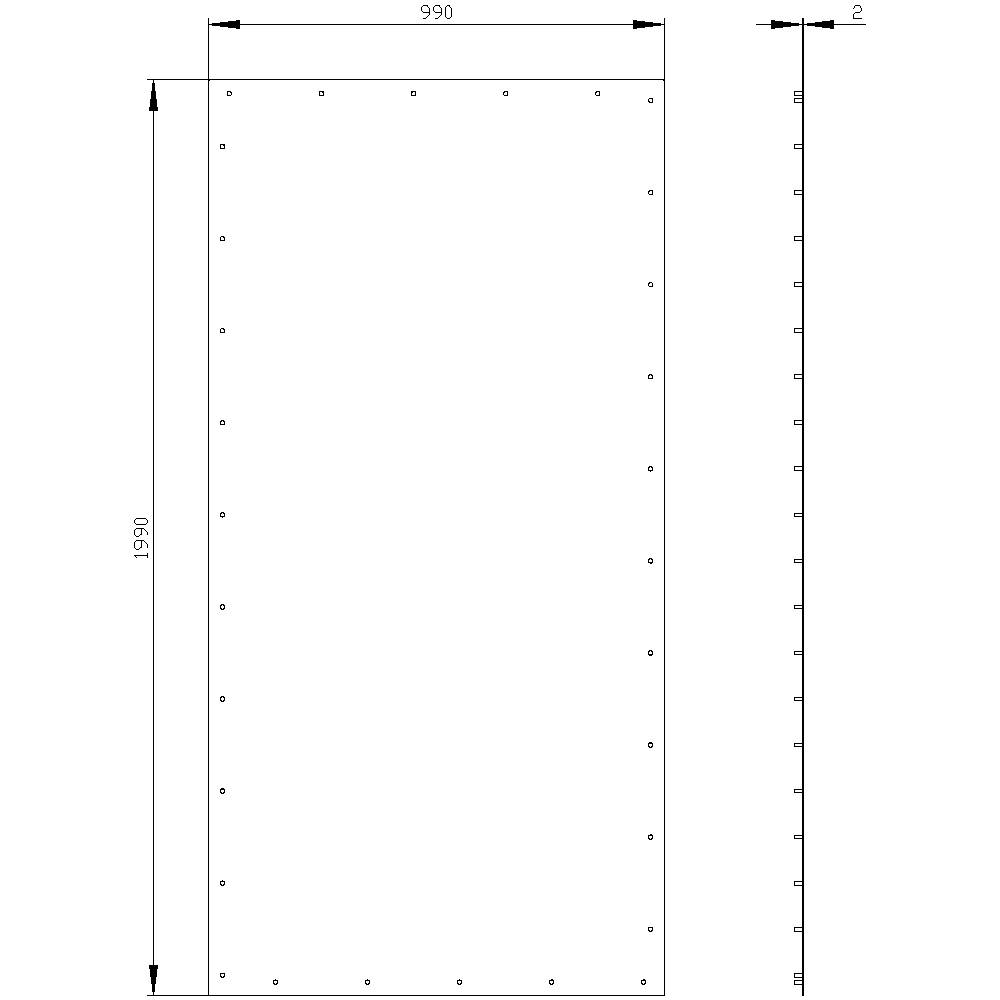 Technical drawing of a rectangular sheet metal with dimensions 990 mm x 1990 mm and hole drillings along the edges.