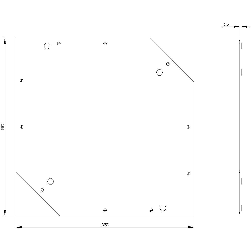 Drawing of a rectangular metal sheet with hole patterns at the corners. Dimensions 395x395 mm and 1.5 mm thick.