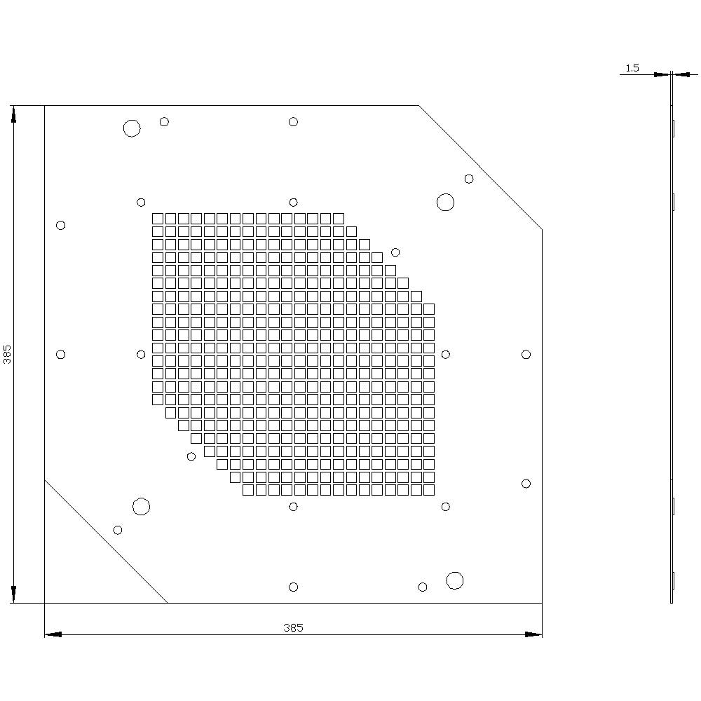 Technical drawing of a square part with 395 mm side length. It contains a central grid of squares and several holes.