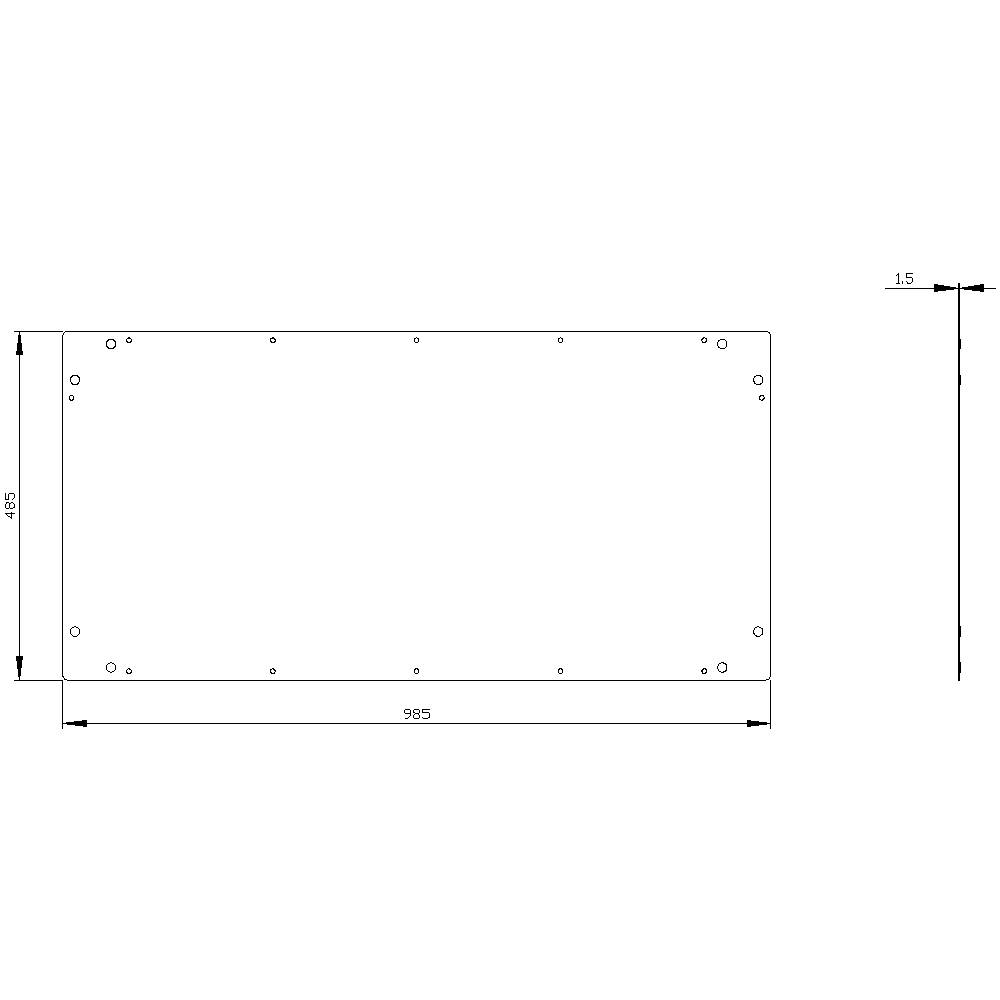 Technical drawing of a rectangular metal sheet with the following dimensions: width 985 mm, height 485 mm, thickness 1.5 mm.