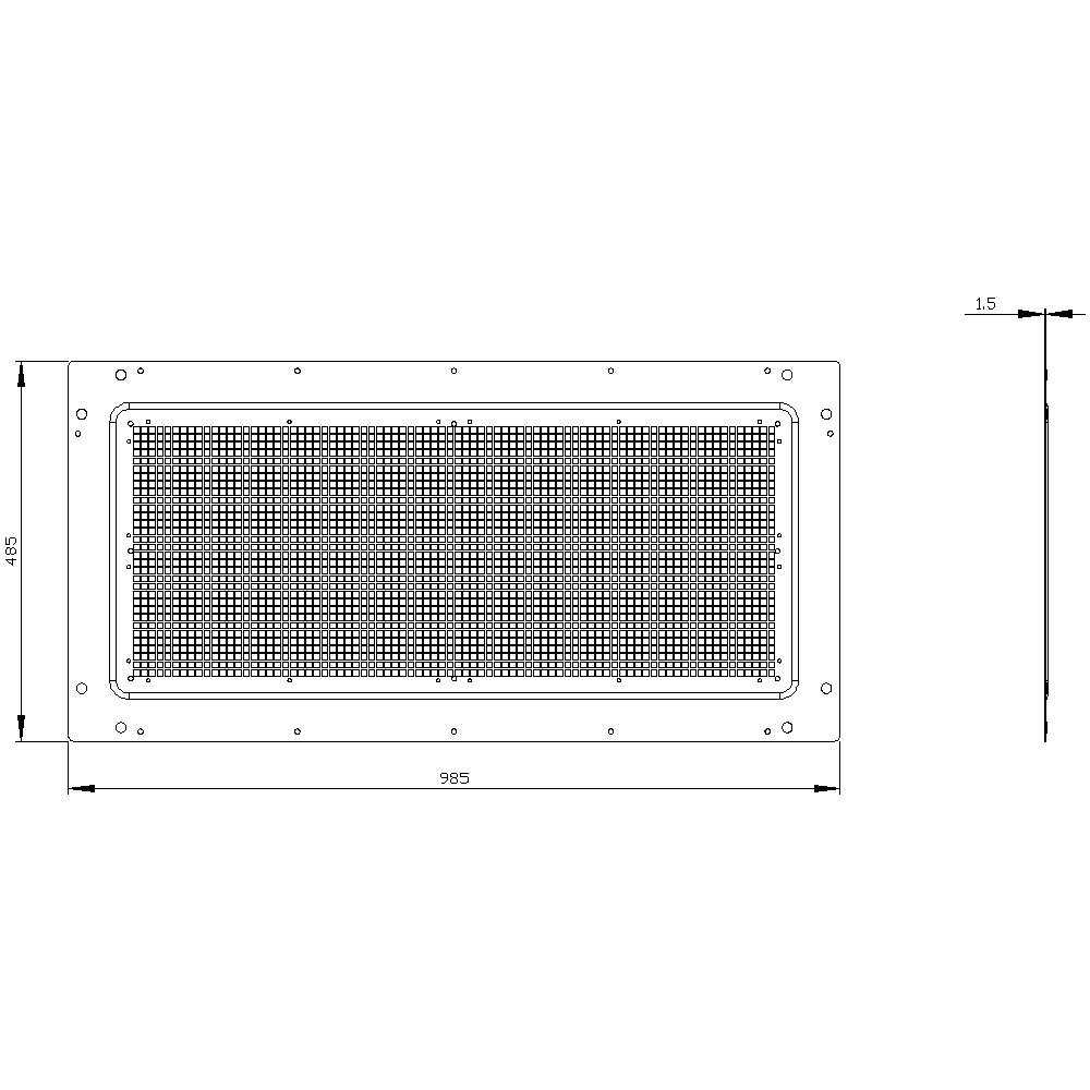 Rectangular technical diagram of a ventilation grille plate with dimensions 985 x 485 mm. Designed structure with surrounding border.