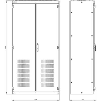 Drawing of a two-door wardrobe with dimensions: height 2004 mm, width 1018 mm, depth 363 mm. Front and side view.