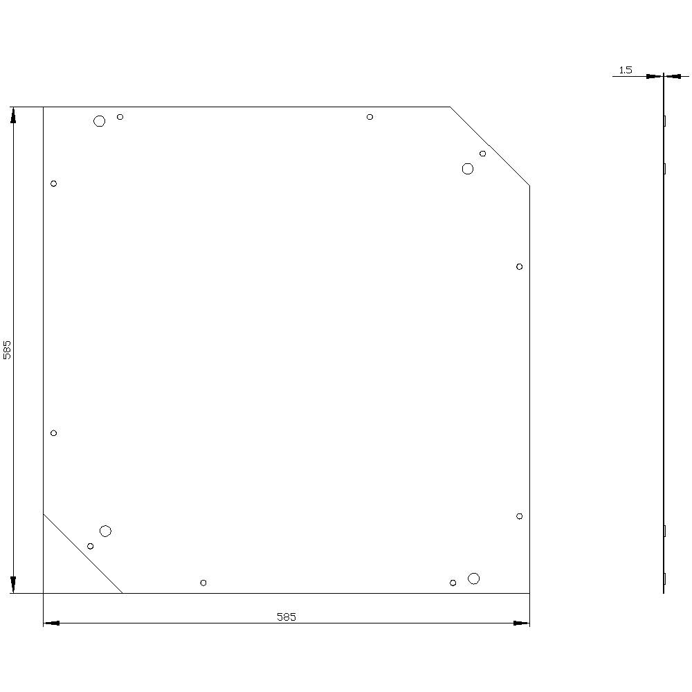 Drawing: Square metal plate with bevelled corner, dimensions 585 x 585 mm, thickness 1.5 mm, several holes visible.