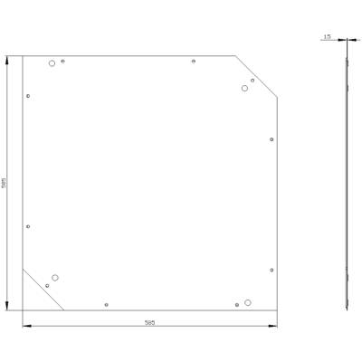 'Technical drawing of a square metal sheet with a chamfered corner. Dimensions: 585 mm x 585 mm, thickness 15 mm.'