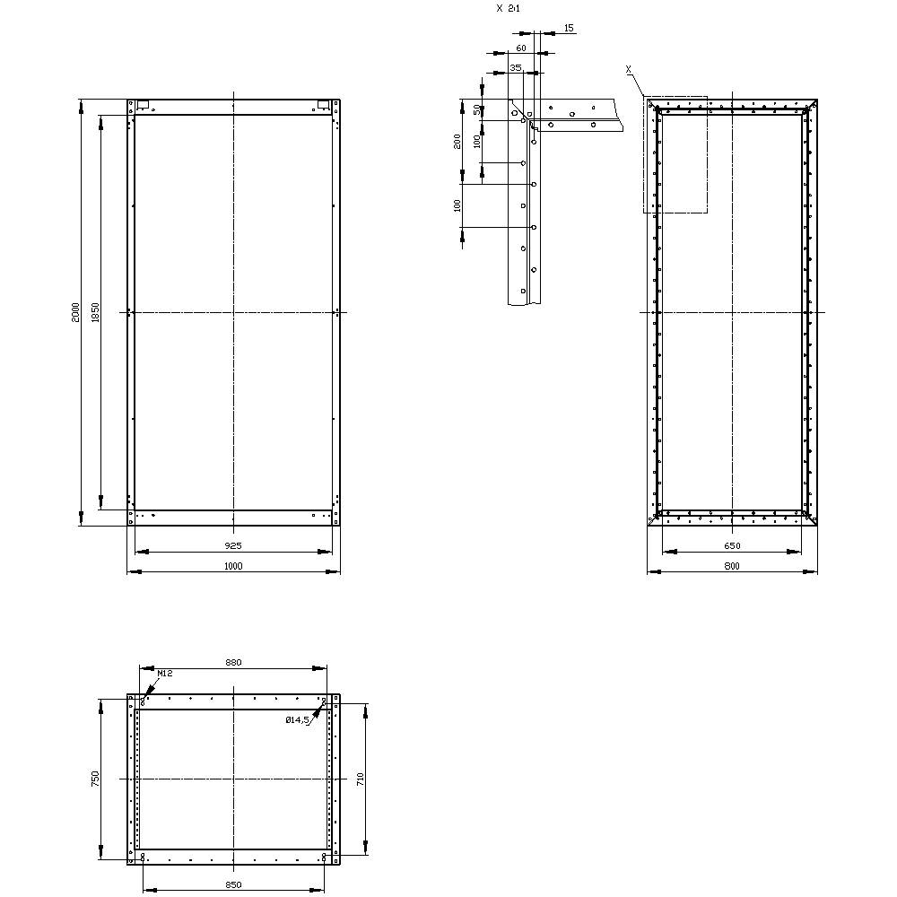 Technical drawing of a rectangular frame with dimensions and detailed views from side and front perspectives, including cross-section.