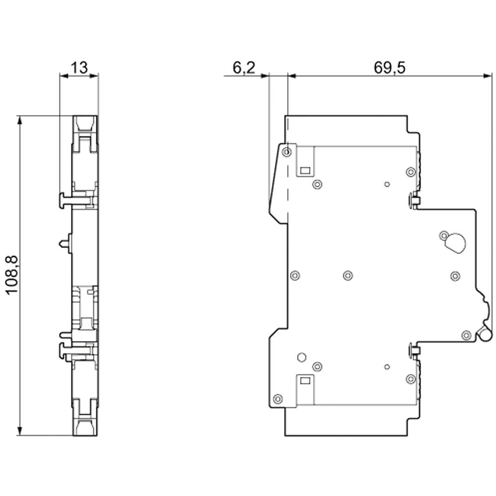 Drawing of an electrical protective switch with dimensions: width 6.2 mm, height 108.8 mm, depth 69.5 mm. Side and front view.