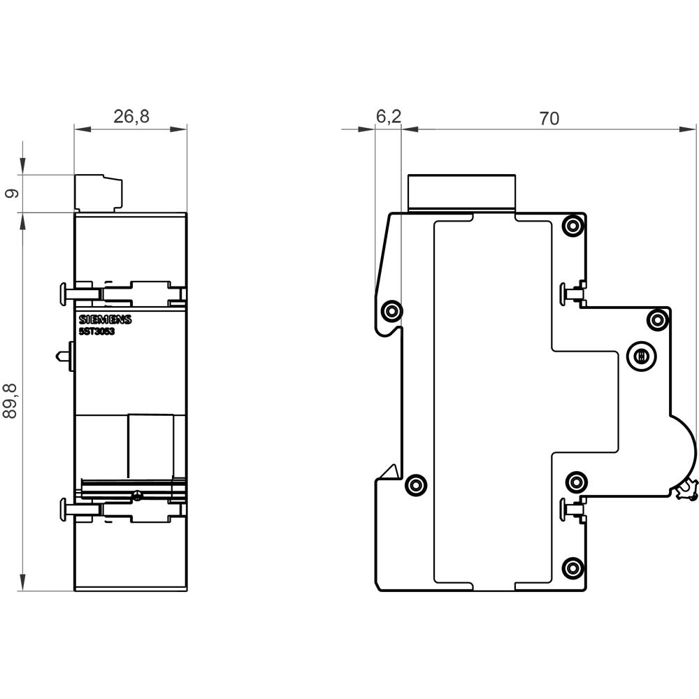 Drawing of an electrical device with dimensions: width 26.8 mm, height 89.8 mm, depth 70 mm. Display of side and front view.
