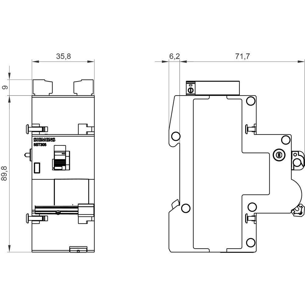 Technical drawing of a Siemens protective switch with dimensions: height 89.8 mm, width 35.8 mm, depth 71.7 mm.