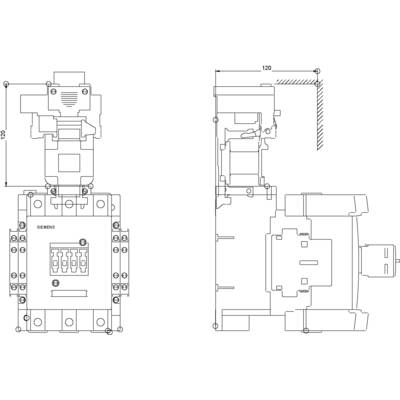 Technical drawing of a Siemens contactor with dimensions. Top view shows detailed connections, side view clarifies construction.