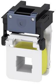 An electronic component with a black and grey housing, mounted over a white and yellow element, with a square opening.