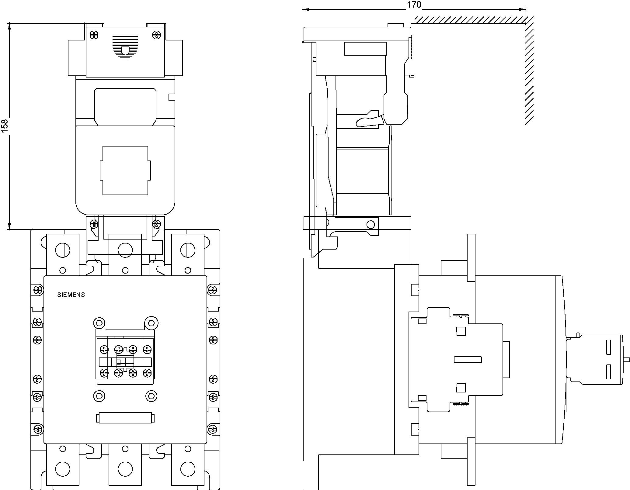Technical drawing of an electrical switch in front and side view with dimensional units and manufacturer name 'Siemens'.