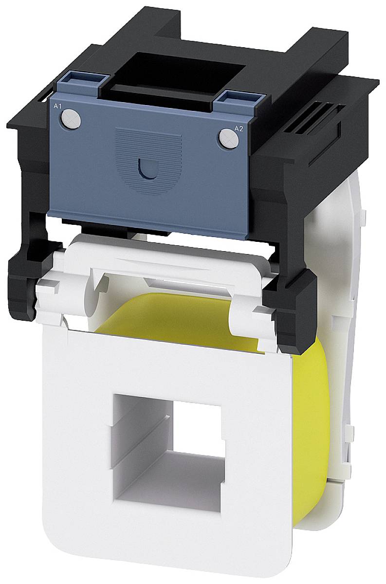 An electrical component, likely a contactor or relay with a blue front plate and a yellow coil core.