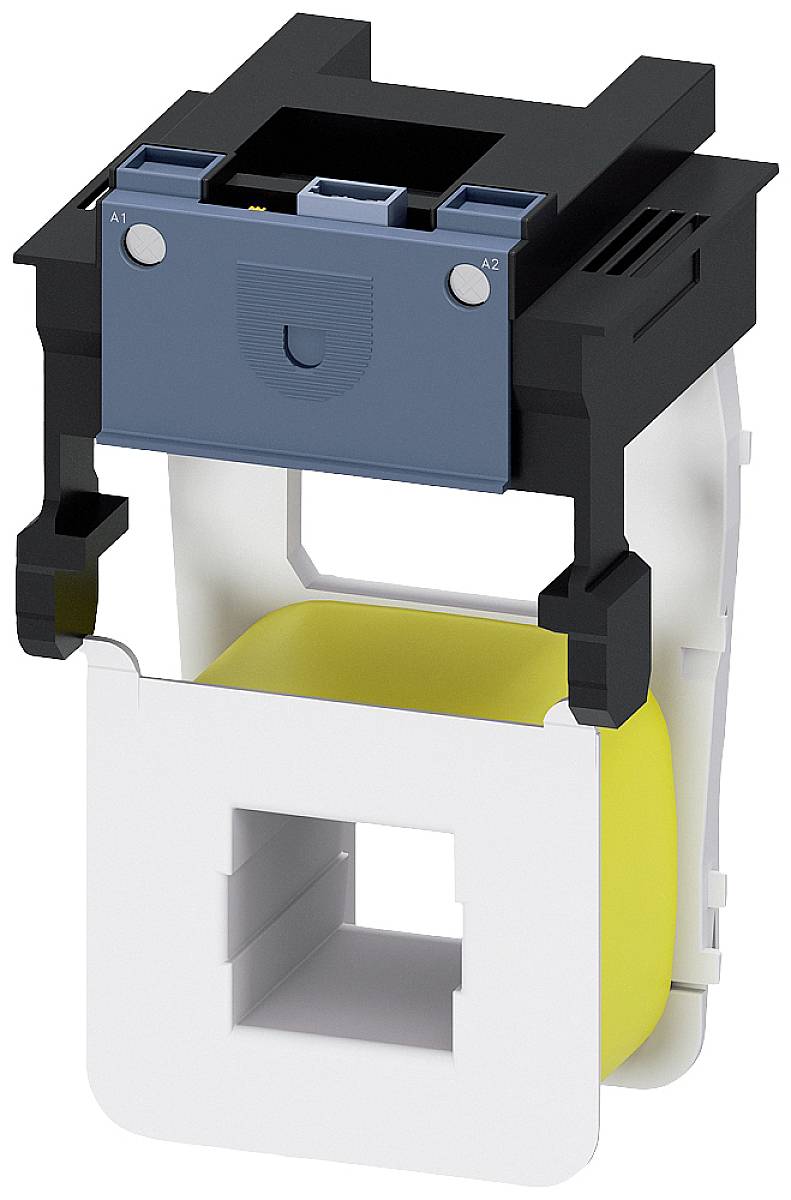 An electrical contactor with a blue cover on top, with a visible yellow coil underneath and a white housing structure.