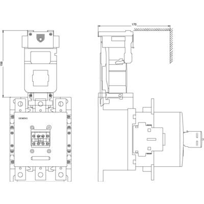 'Technical drawing of an electrical contactor with view and sectional data. Dimensions: 150mm height, 170mm width.'