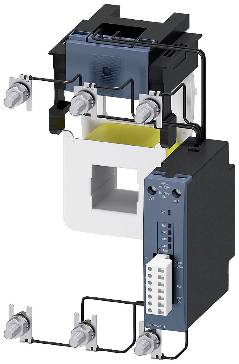 A transformer with multiple terminals and a blue housing section. Used for current monitoring in electrical installations.