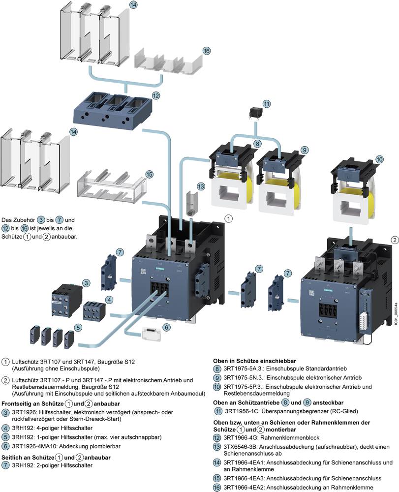 Exploded diagram of a protective system with accessories, assembly instructions, and product numbers. Main components are colour-coded.