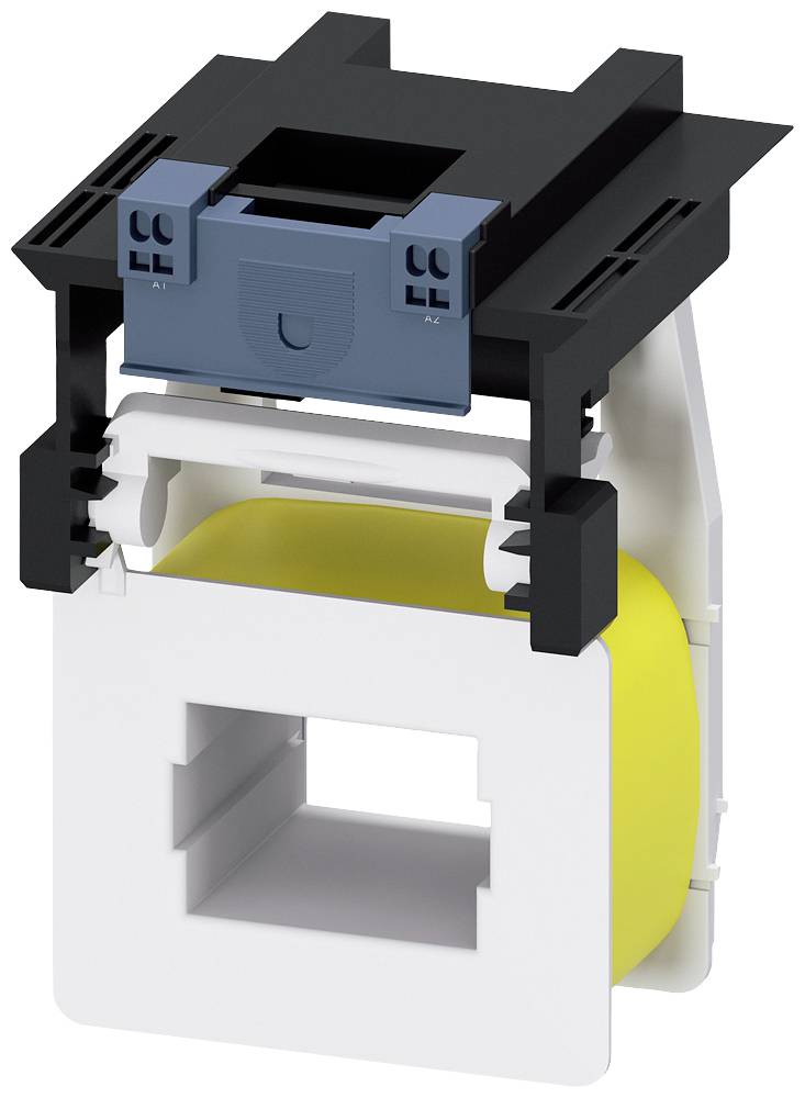 A rectangular electrical component with a yellow inner cylinder and a black upper housing featuring plug connections.