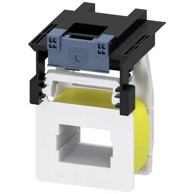 A transformer with a black and blue casing, yellow coil and rectangular shape, mounted on a white bracket.