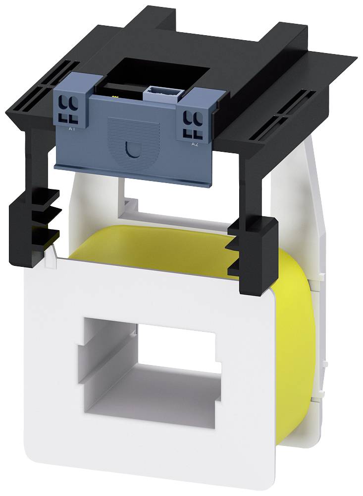 An electrical current transformer in black, white and yellow, with a rectangular opening, is shown. The main components are clearly visible.