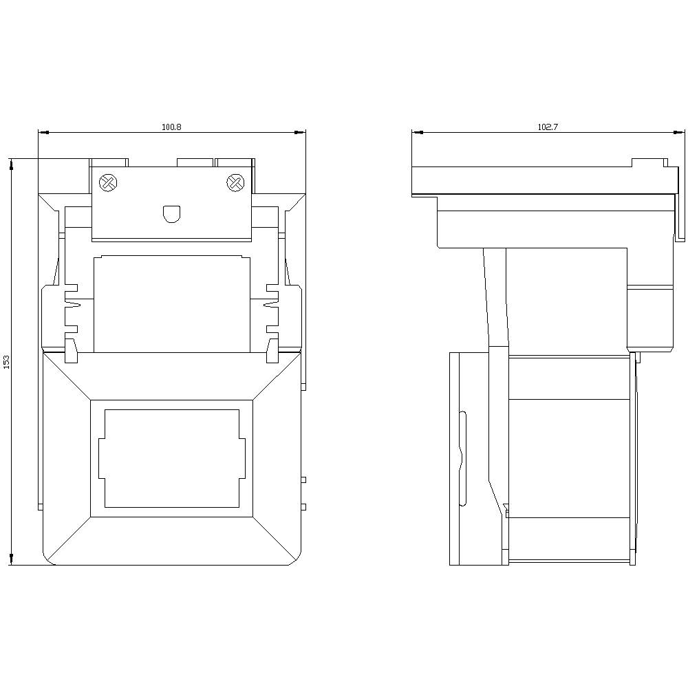 Technical drawing of a device with front and side view. Dimensions are specified in millimetres. Main structure and mounting points visible.