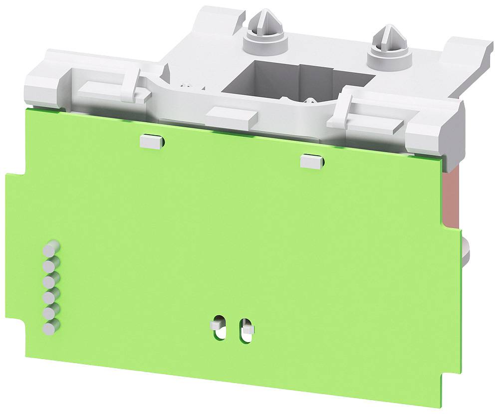 Green electrical component with metal terminals and screws, likely used in an electrical cabinet or circuit.