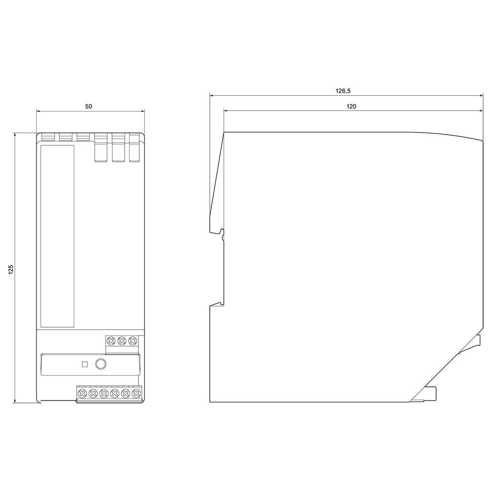 Technical drawing of an electrical device with side and front view. Dimensions: Width 50mm, Height 125mm, Depth 126.5mm.
