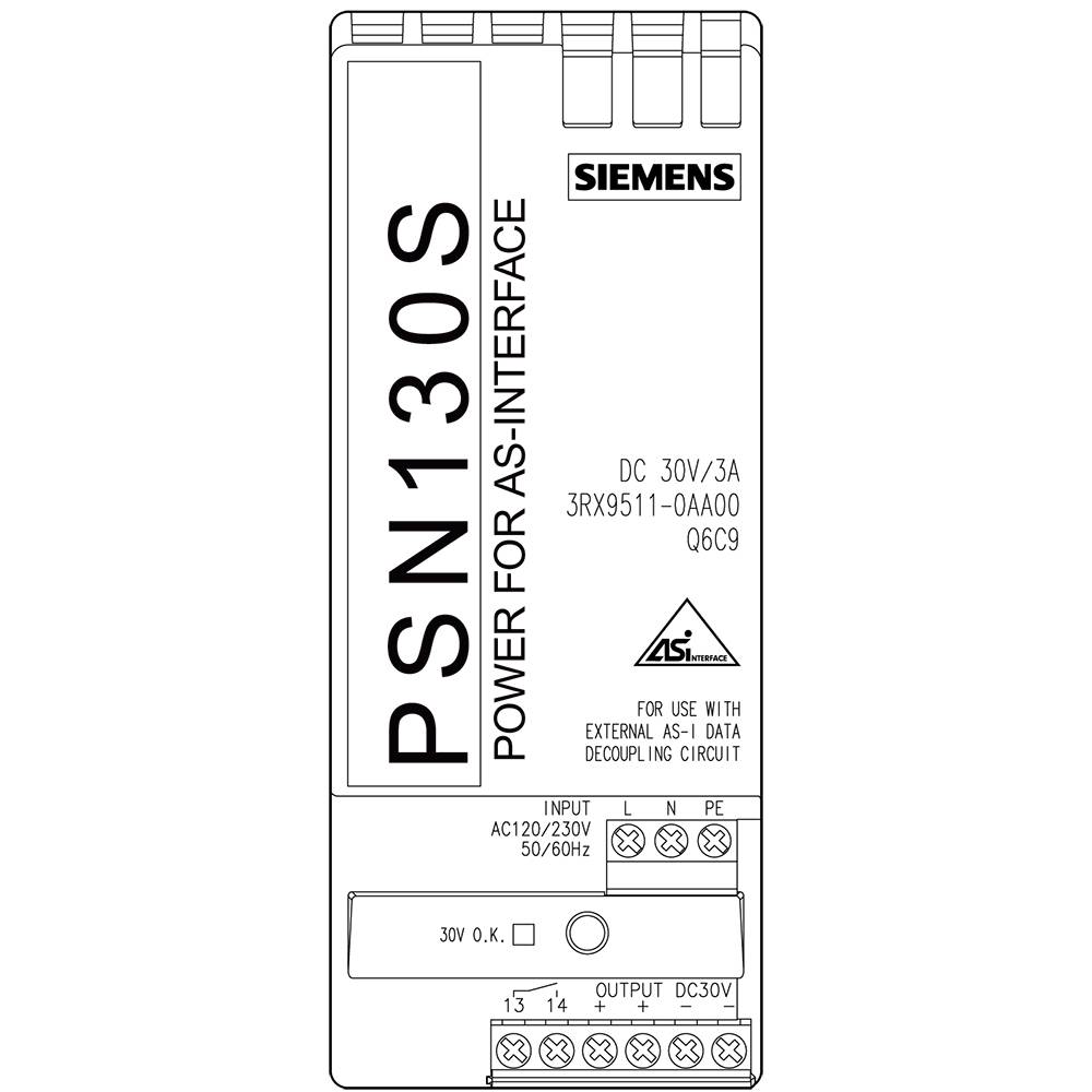 'PSN130S Power for AS-Interface' module by Siemens. Rated voltage DC 30V/3A. Compatible with external AS-I data decoupling circuit.