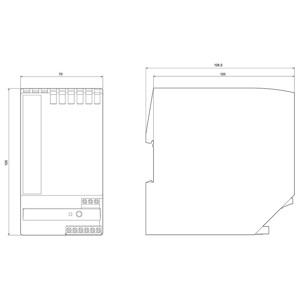 Technical Drawing of a Device: Front View and Side View with Dimensions. Main Dimensions: Width 70 mm, Depth 120.5 mm, Height 105 mm.