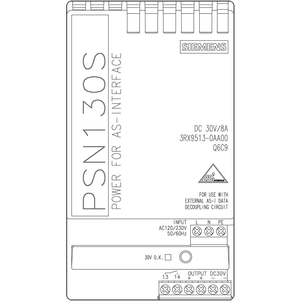 'Siemens PSN130S', a power supply unit for AS-Interface, model number '3RX9513-0AA00', with performance details 'AC 120/230V, 50/60Hz, 30V DC/8A'. Printed symbols below show connections.