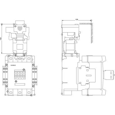 Technical drawing of an electrical switching device with dimensions, shown in front and side view, including mounting instructions.