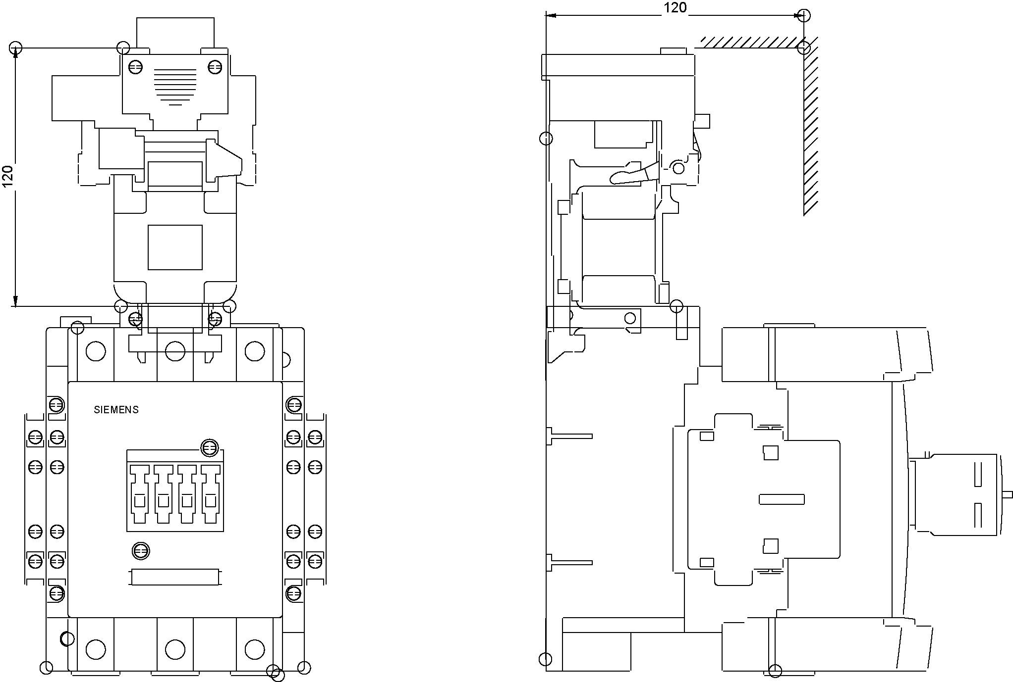 Technical drawing of an electrical contactor with dimensions (120x120 mm). Shows front and side view with detailed specifications.