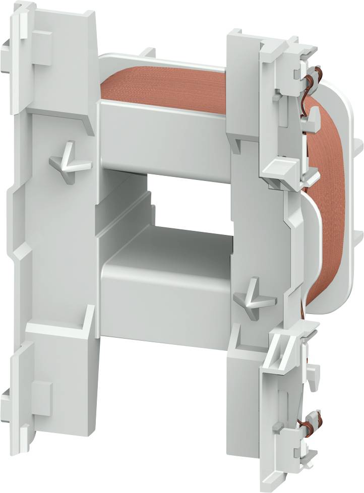 A grey plastic component in a U-shape with a red copper wire, likely a transformer core for electrical applications.