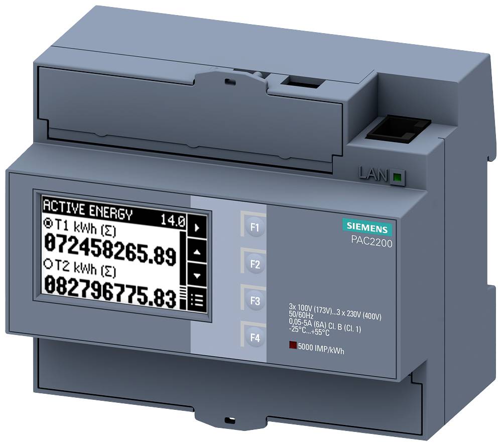 A Siemens digital electricity meter is displaying energy consumption in kWh. There are two values shown: 072458265.89 and 082796775.83.