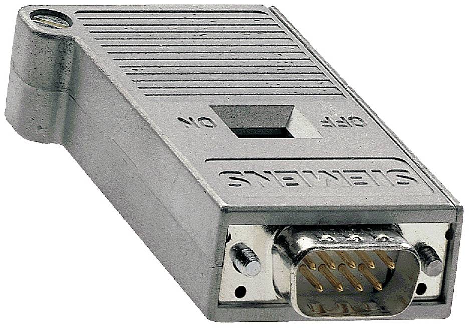 Metallic adapter with a rectangular shape, inscribed with 'SIEMENS', featuring an on/off switch and gold-plated pins at one end.