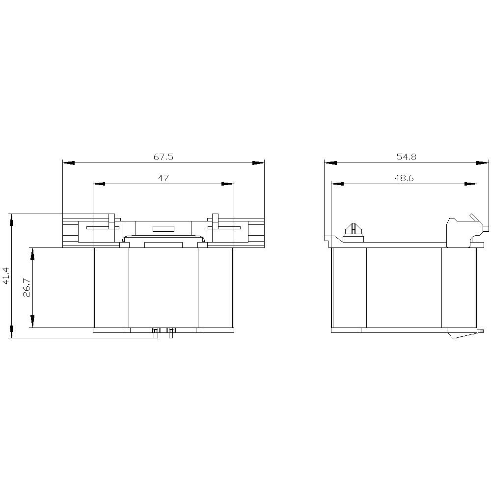 Technical drawing of a rectangular object with dimensions: Width 67.5 cm, Height 26.7 cm, and Depth 54.8 cm. Top view and side view.