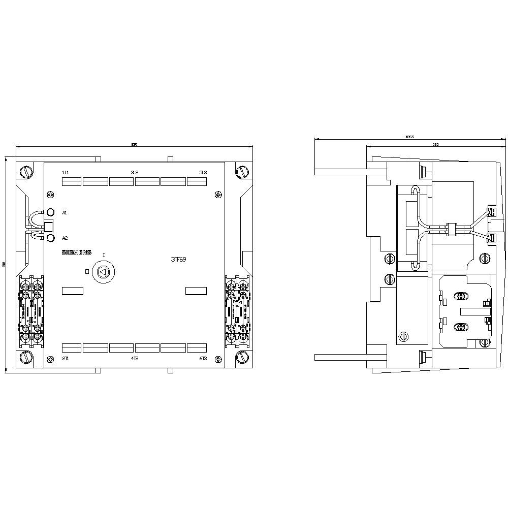Technical drawing of an electronic component with detailed dimensions and electrical connections. Front and side view.